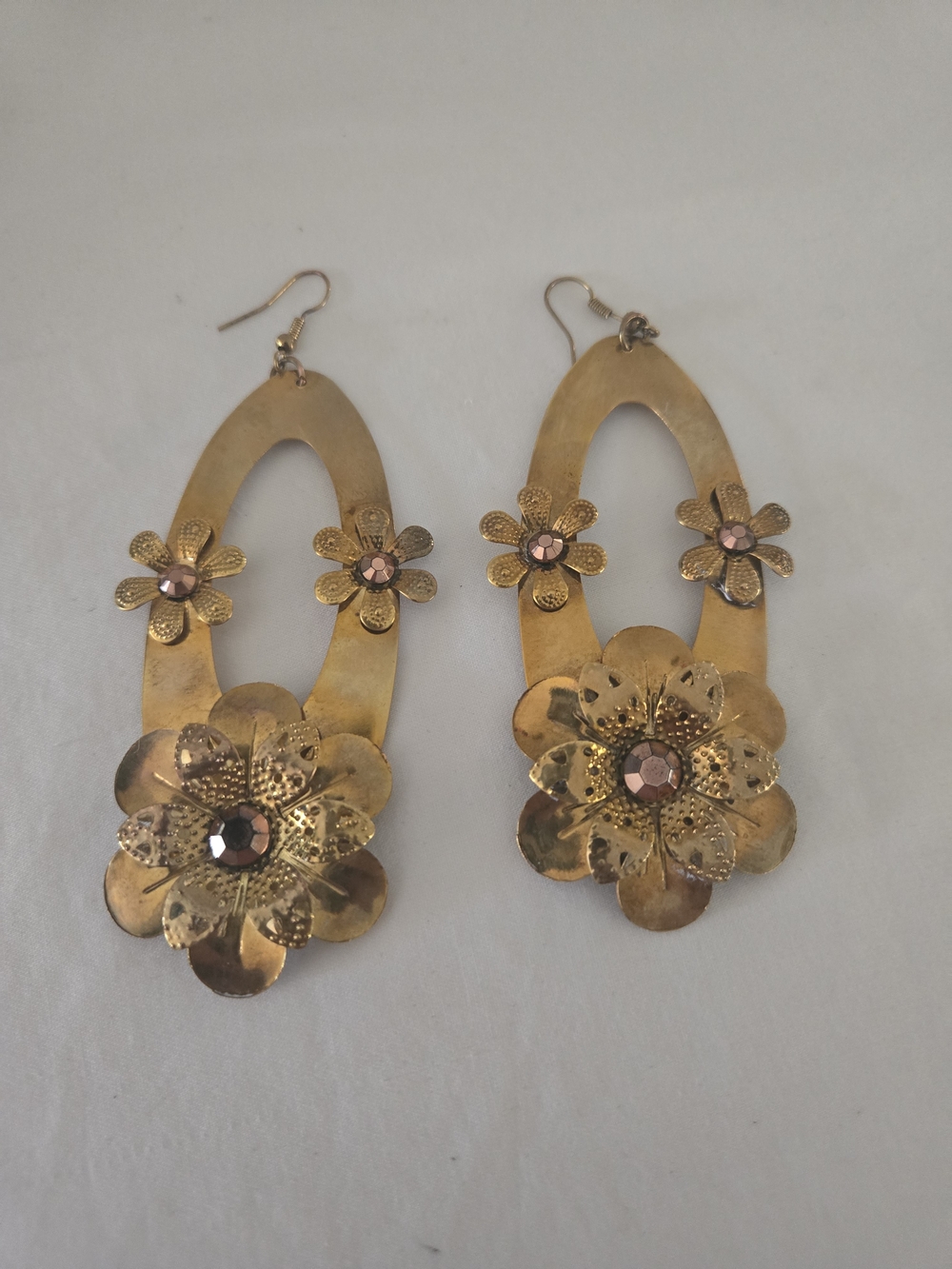 Vintage Brass Floral Drop Earrings with Amber Crystal Accents